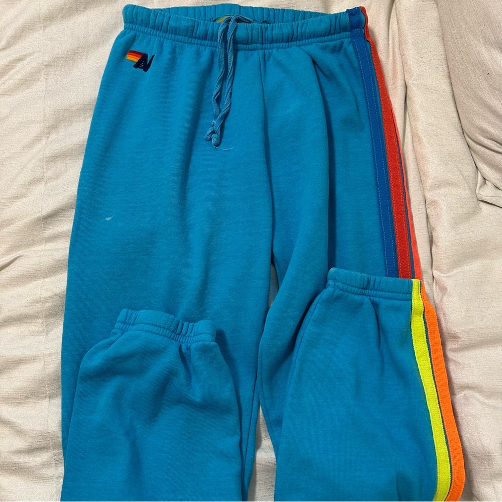 Aviator Nation Blue Sweatpants with Rainbow Stripes